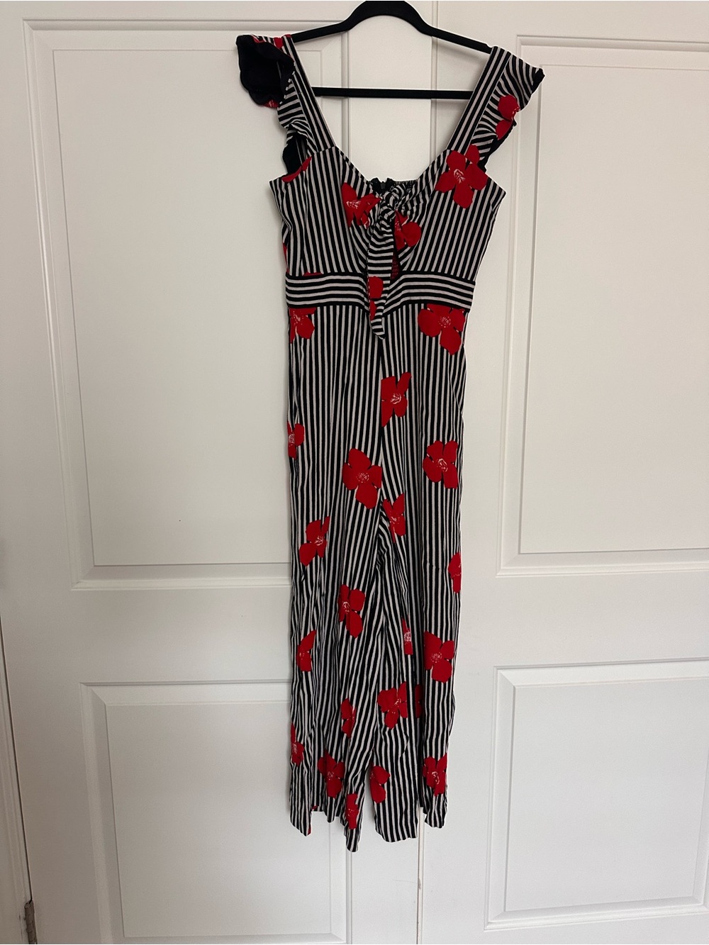 Madewell Black & White Striped romper with Red Floral Print